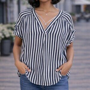 Chic Blue & White Vertical Stripe V-Neck Blouse | Rolled Sleeve Top Size Small